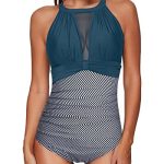 Charming Push-Up One Piece Swimsuit Neck Hook For Women-Teal Stripe