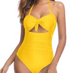 Chic High Waisted Halter Front Tie Knot One Piece Cutout Swimsuits-Neon Yellow - Image 4