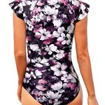 One Piece Zip Front Short Sleeve Rash Guard For Women-Purple Floral - Image 2
