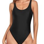 Tummy Control Low Back Scoop Neck Retro 80S High Cut One Piece Swimsuit-Black