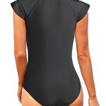Women's High Neck Short Sleeve One Piece Rash Guard-Black - Image 2