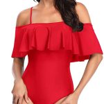 Women's Two-Way Wear Off Shoulder Flounce Swimsuit-Red - Image 2