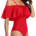 Women's Two-Way Wear Off Shoulder Flounce Swimsuit-Red - Image 3